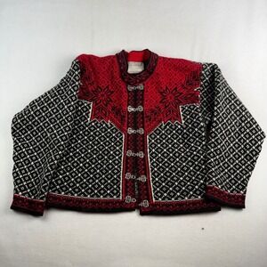 Norlender Norway Wool‎ Cardigan Red Black Nordic Fair Isle Pewter Clasp Womens M